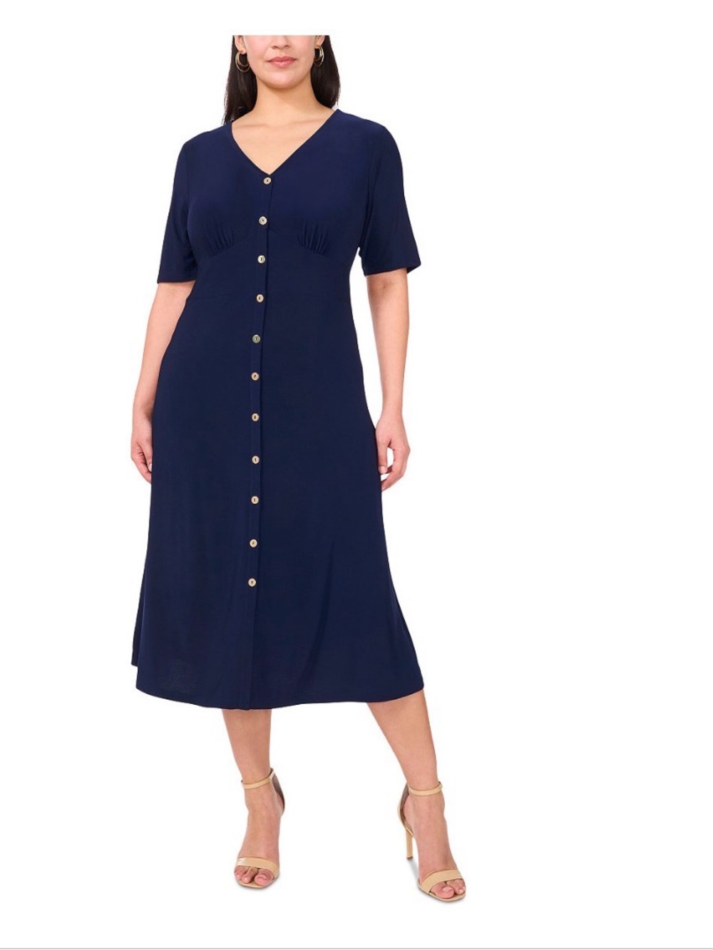 MSK Navy Button-Front V-Neck Midi Dress
